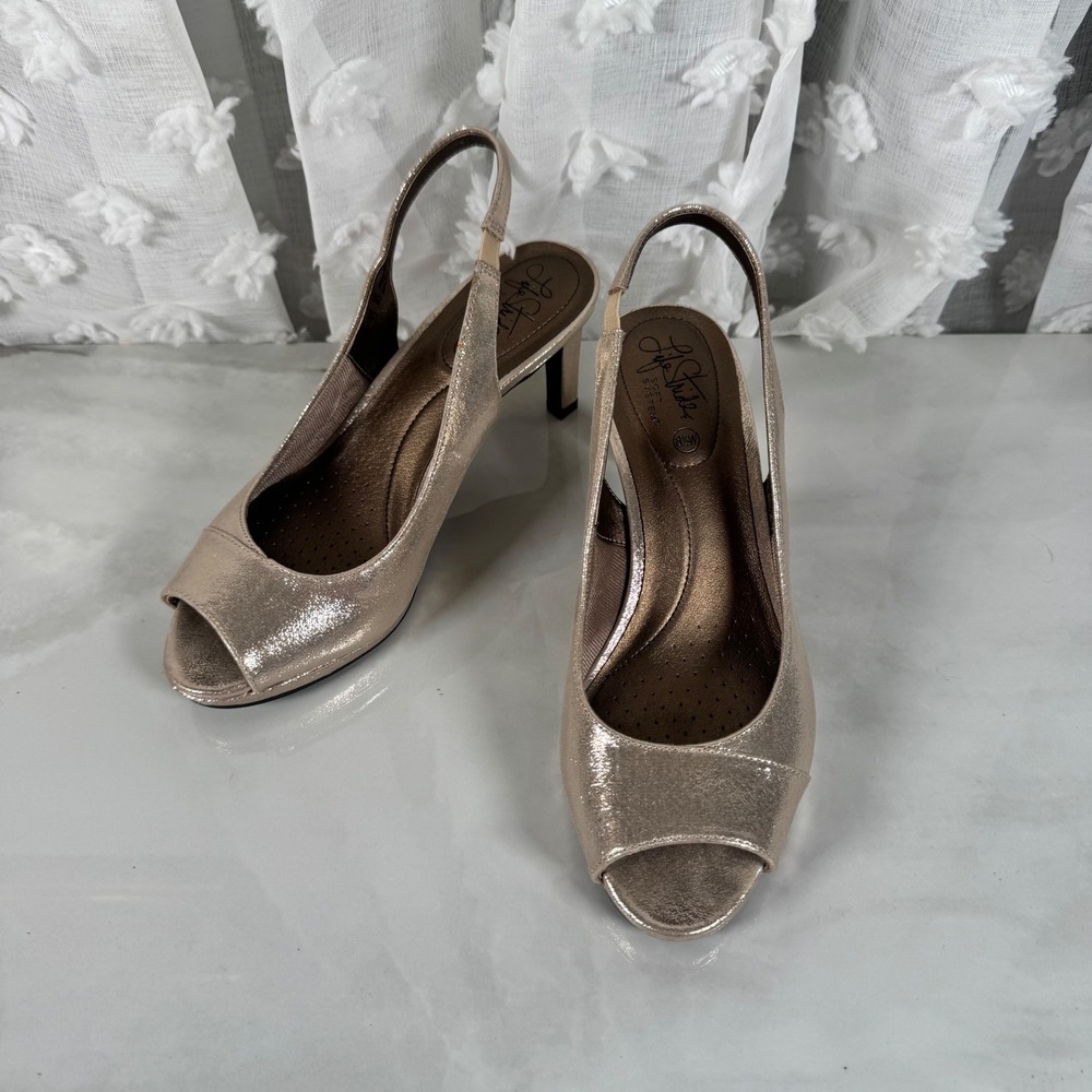 Life Stride Invest Peep Toe Gold Heels Pumps‎ Slingback Metallic Shimmer 8.5W
